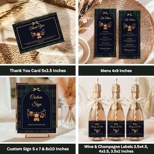 May include: A collection of baby shower stationery with a navy blue and green plaid design. Includes a thank you card, menu, custom sign, and champagne labels. The sign has the text "Custom Sign" and "Write Your Own Text". The champagne labels read "Ready to Pop!"