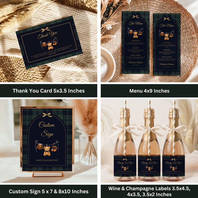 May include: A collection of baby shower stationery with a navy blue and green plaid design. Includes a thank you card, menu, custom sign, and champagne labels. The sign has the text "Custom Sign" and "Write Your Own Text". The champagne labels read "Ready to Pop!"
