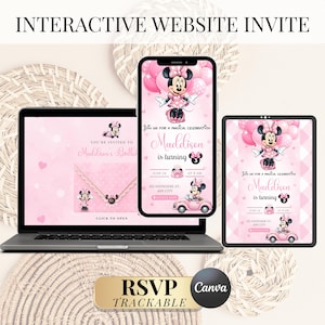 K&ouml;nnte beinhalten: Eine interaktive digitale Geburtstagseinladungsvorlage mit Minnie Maus im rosa Kleid, Luftballons und einem Auto. Das Design enth&auml;lt Text wie "Join us for a magical celebration", "Maddison is turning 3" und "Click to open", angezeigt auf einem Laptop, Smartphone und Tablet.