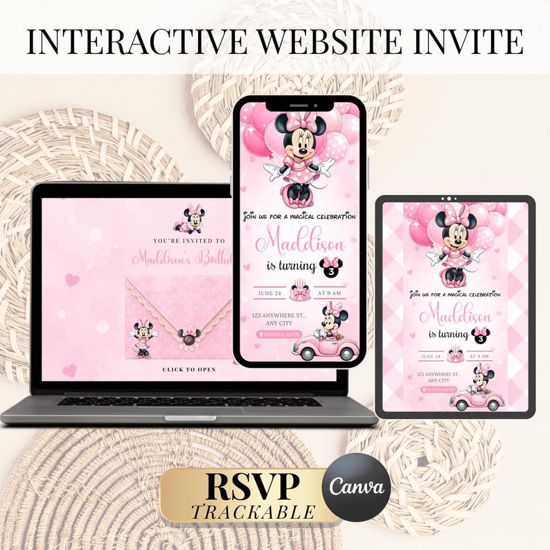 K&ouml;nnte beinhalten: Eine interaktive digitale Geburtstagseinladungsvorlage mit Minnie Maus im rosa Kleid, Luftballons und einem Auto. Das Design enth&auml;lt Text wie "Join us for a magical celebration", "Maddison is turning 3" und "Click to open", angezeigt auf einem Laptop, Smartphone und Tablet.