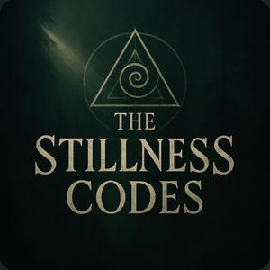 May include: Dark green background with a white geometric design and the words "THE STILLNESS CODES" in a serif font. The design includes a triangle within a circle, with a spiral in the center of the triangle.