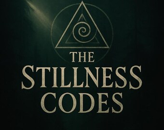 Pode incluir: Fundo verde escuro com um design geométrico branco e as palavras "THE STILLNESS CODES" em uma fonte serifada. O design inclui um triângulo dentro de um círculo, com uma espiral no centro do triângulo.