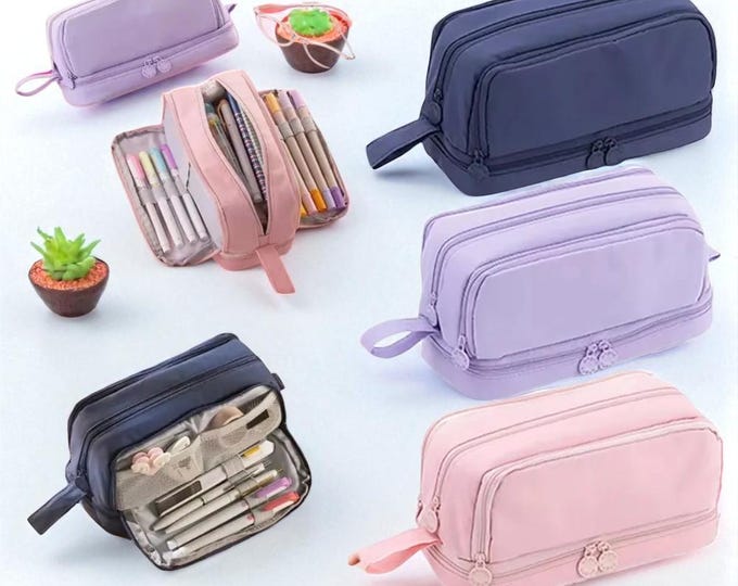 Premium Double-Sided Canvas Pencil Case || Macaron Color Large Capacity Pen Organizer, Cute Stationery Bag for School, Office & Travel