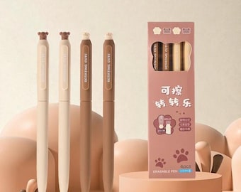 Paw-Themed Erasable Gel Pens Set – 4 Pcs Cute Paw ,Bear Design, Smooth Black Ink Writing Pens, Kawaii School Supplies & Study Gift for Kids