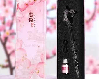 Elegant Sakura Glass Dip Pen Set ,Crystal Calligraphy Pen with Ink, Vintage Writing Tool and Gift for Artists, Students,  Journal Lovers