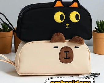 Cute Cartoon Kitten, Capybara & Panda Storage Bag Large Capacity Plush-Ear Pouch, Kawaii StationeryOrganizer, School Supplies Gift for Girls