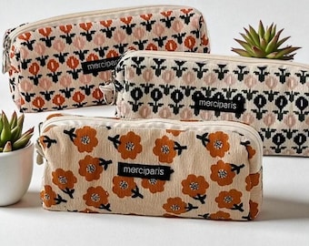 Vintage Corduroy Pencil Case || Floral and Checkered Zipper Pouch, Aesthetic Stationery Bag for School, Office, Makeup & Art Supplies