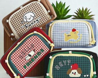 Cute Dog Pencil Case || Large Capacity Retro Plaid Pen Bag, Kawaii Multi-Compartment Stationery Organizer for Students & School Use