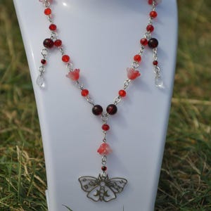 Handmade Glass Beaded Necklace with Butterfly | Red Pink Flower Necklace Gift for Her | Unique Moth Beaded Delicate Red Wine Glass Jewelry