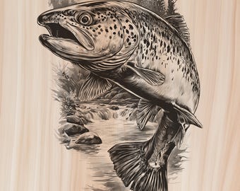 Fishing Wood Laser Engraving File Digital Download - Salmon Holz Burning Design for Art, Charcuterie and Cutting Board, Commercial Use