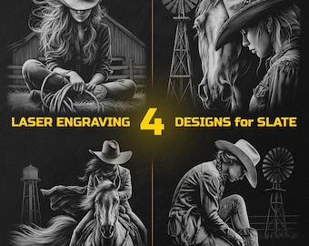 Western Cowgirl Laser Engraving PNG Bundle - Cowboy Slate Coasters Designs Digital Download for Glowforge & LightBurn, Commercial Use Too
