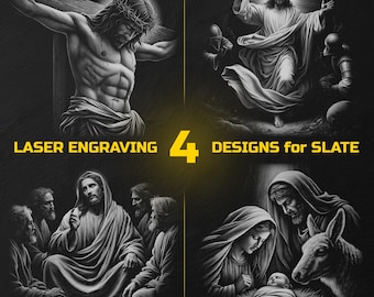 May include: A black and white image showcasing four religious designs for slate laser engraving. The designs depict Jesus on the cross, Jesus with arms raised, Jesus with disciples, and the Nativity scene. Text reads "LASER ENGRAVING 4 DESIGNS for SLATE."