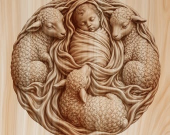 May include: A circular light-toned wood carving featuring a central sleeping infant wrapped in fabric, surrounded by three textured lambs. The relief sculpture displays intricate details in the wool, facial features, and flowing fabric folds.