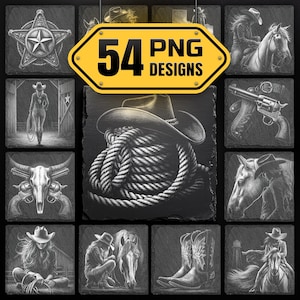 Puede incluir: Una colección de diseños con temática de vaqueros en blanco y negro. La imagen presenta una variedad de ilustraciones, incluyendo un sombrero de vaquero, una estrella, un caballo, una pistola y el texto "54 PNG DESIGNS" en un letrero amarillo.