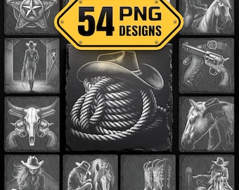 Western Cowboy Laser Engraving PNG Bundle -  Slate Coasters Designs Digital Download for Glowforge & LightBurn, Commercial Use Too