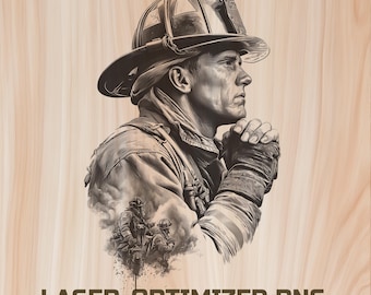 May include: A sepia-toned illustration of a firefighter in profile, wearing a helmet and gloves, with hands clasped in prayer. A smaller image of firefighters in action is visible. The text "LASER-OPTIMIZED PNG" and "COMMERCIAL USE" are at the bottom.