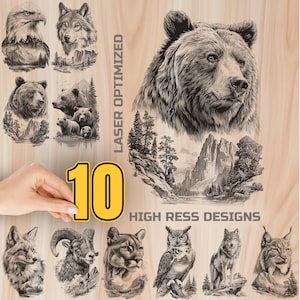 May include: A collection of ten high-resolution animal designs, including an eagle, wolf, bear, fox, ram, cougar, owl, and lynx. The designs are laser optimized and feature detailed illustrations of each animal with a natural landscape background.
