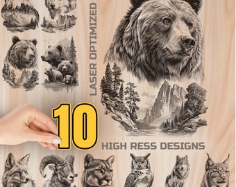 Wild animals Wood Laser Engraving Bundle Digital Download - Holz Burning Design for Art Cutting & charcuterie board, Commercial Use