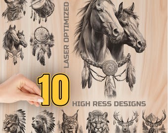 Native Totem Animals Wood Laser Engraving Bundle Digital Download - Holz Burning Design for Art Cutting & charcuterie board, Commercial Use