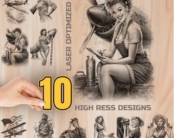 America 250 PinUp Aviation Wood Laser Engraving Bundle Digital Download - Burning Design for Art Cutting & charcuterie board, Commercial Use
