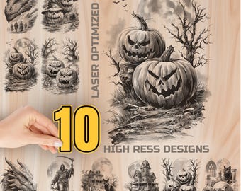 Halloween Wood Laser Engraving Bundle Digital Download - Holz Burning Design for Art, Charcuterie and Cutting Board, Commercial Use