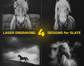 Puede incluir: Imagen en blanco y negro que muestra cuatro diseños de caballos para grabado láser en pizarra. Los diseños incluyen retratos y un caballo corriendo en una colina. El texto dice "LASER ENGRAVING" y "4 DESIGNS for SLATE".