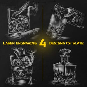 May include: Black and white illustration of four designs for laser engraving on slate. The designs include a glass of whiskey with ice and smoke, a cigar, a bottle pouring whiskey into a glass, and a decorative decanter.