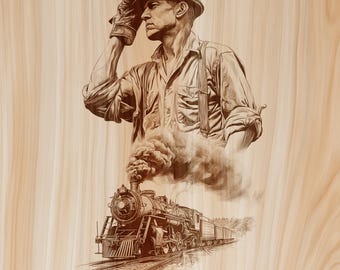 May include: A sepia-toned wood engraving featuring a worker wearing a hard hat and work shirt with suspenders, positioned above a steam locomotive pulling a train of cars on tracks, with smoke billowing from the engine stack into the air.