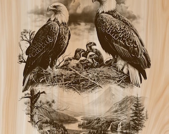 May include: A light-coloured wooden panel featuring a detailed dark brown laser-engraved illustration of two adult bald eagles perched in a nest with three chicks, set against a mountainous landscape with a river, pine trees, and a waterfall.