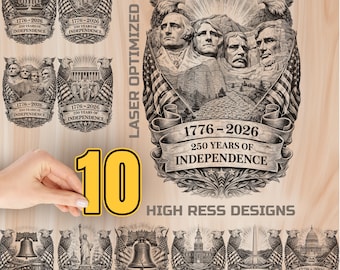 Pacote de Gravação a Laser em Madeira "América 250 Anos" para Download Digital - Desenho para Arte, Corte e Tábua de Frios, Uso Comercial