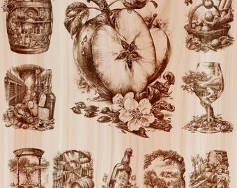 May include: A collection of brown monochromatic illustrations on a light wood grain background, featuring a large halved apple, a wine barrel, a basket of apples, wine bottles in a cellar, a wine glass, an hourglass, and orchard scenes.