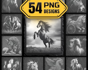 Puede incluir: Una colección de diseños de caballos en escala de grises sobre baldosas cuadradas. La imagen presenta varias ilustraciones de caballos, incluyendo caballos encabritados y retratos detallados. Un letrero amarillo dice "54 PNG DESIGNS".