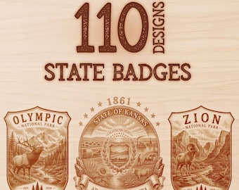 May include: A digital graphic set featuring 110 state badge designs with brown line art on a light wood background. Text includes COMMERCIAL USE INCLUDED, 110 DESIGNS, STATE BADGES, OLYMPIC NATIONAL PARK, STATE OF KANSAS, and ZION NATIONAL PARK.