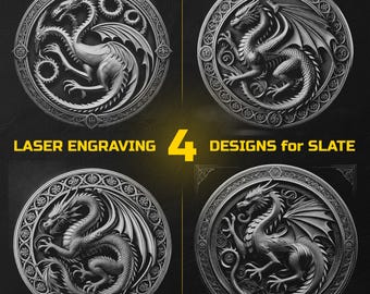 May include: Four circular slate designs featuring detailed dragon engravings. Each design is framed with ornate borders. The image includes the text "LASER ENGRAVING" and "4 DESIGNS for SLATE". The dragons are depicted in various poses.