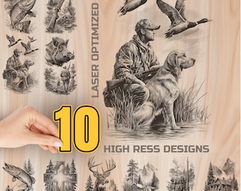 Hunter, Fisherman Wood Laser Engraving Bundle Digital Download - Burning Design for Art Cutting & charcuterie board, Commercial Use
