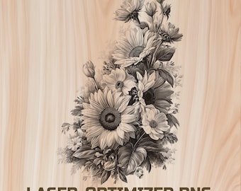 May include: Black and white floral illustration featuring sunflowers and other flowers. The image is set against a light wood grain background. Text at the bottom reads "LASER-OPTIMIZED PNG COMMERCIAL USE."