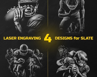 May include: A black and white graphic featuring four distinct American football player illustrations with the text LASER ENGRAVING 4 DESIGNS for SLATE. The images depict players in helmets and uniforms in various poses, including holding a football.