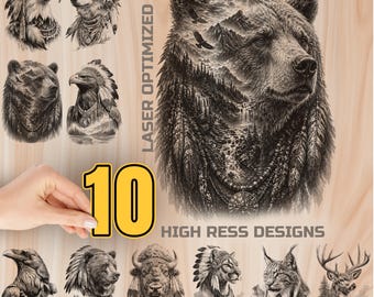 Native Totem Animals Wood Laser Engraving Bundle Digital Download - Holz Burning Design for Art Cutting & charcuterie board, Commercial Use