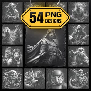 Puede incluir: Ilustraciones en blanco y negro de personajes de Star Wars, como Darth Vader, Yoda y un Stormtrooper. La imagen también presenta un letrero amarillo con el texto "54 PNG DESIGNS".