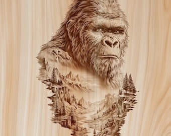 May include: A light brown wood panel featuring a detailed laser-engraved illustration of a gorilla head. The lower portion of the design transitions into a mountain landscape scene with pine trees, rocky cliffs, and a winding river valley.