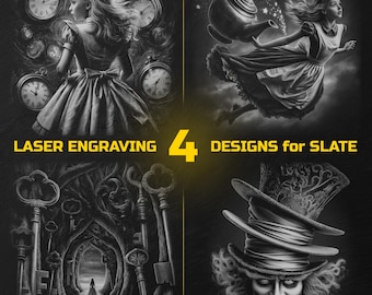 Alice in Wonderland Laser Engraving PNG Bundle - Slate Coasters Designs Digital Download for Glowforge & LightBurn, Commercial Use Too