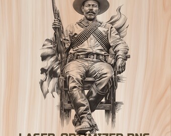 Arquivo digital para gravação a laser em madeira Pancho Villa - Design para pirografia em madeira, ideal para arte, charcutaria e tábuas de corte, uso comercial.