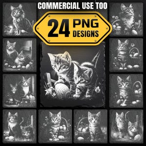 Könnte beinhalten: Eine Sammlung von 24 PNG-Designs mit Schwarz-Weiß-Illustrationen von Katzen und Kätzchen. Die Bilder zeigen Katzen mit Ostereiern und in Körben. Der Text "COMMERCIAL USE TOO" und "24 PNG DESIGNS" ist ebenfalls sichtbar.