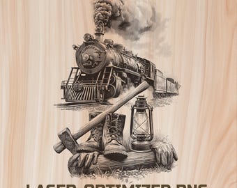 Arquivo para gravação a laser de trem retrô – Desenho vintage de ferrovia em madeira (Download digital)