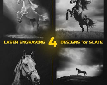 May include: A black and white image showcasing four horse designs for laser engraving on slate. The designs feature horses in various poses, including rearing and galloping. Text reads "LASER ENGRAVING 4 DESIGNS for SLATE."