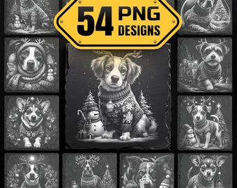 May include: A set of 12 grayscale images featuring dogs in Christmas sweaters and festive settings. A yellow sign reads "54 PNG DESIGNS". Each image showcases a different dog breed, some with reindeer antlers, snowmen, and Christmas trees.