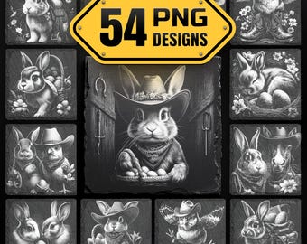 May include: A collection of 54 PNG designs featuring grayscale illustrations of rabbits and other animals, many wearing cowboy hats. The designs are displayed on square, dark grey backgrounds. A yellow sign reads "54 PNG DESIGNS".