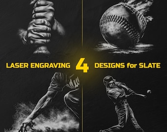 May include: Black and white baseball-themed laser engraving designs for slate. The image features four distinct designs: a hand gripping a bat, a baseball with motion lines, a baseball player sliding, and a batter swinging.