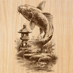 Pode incluir: Uma gravura em madeira em tons de castanho com um grande peixe koi a saltar sobre uma lanterna de pedra, rochas e água. A ilustração detalhada capta as escamas, as barbatanas e a estrutura arquitetónica da lanterna sobre madeira.