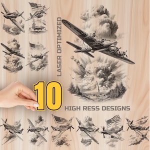 May include: A collection of ten laser-optimized high-resolution designs featuring vintage aircraft illustrations. The designs include various airplanes, an aircraft carrier, and American flags, all in a black and white vintage style, set against a wood grain background.